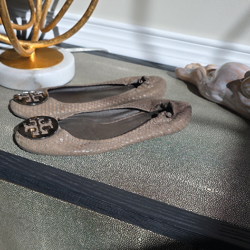 Tory Burch Taupe Textured Reva Ballet Flats with Logo